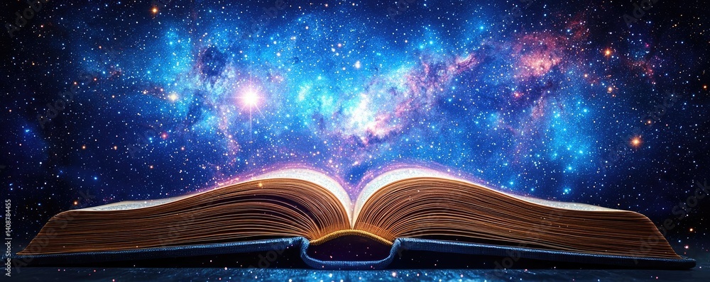 Poster open book under starry sky expanding cognition of space concept. an open book reveals a cosmic galax