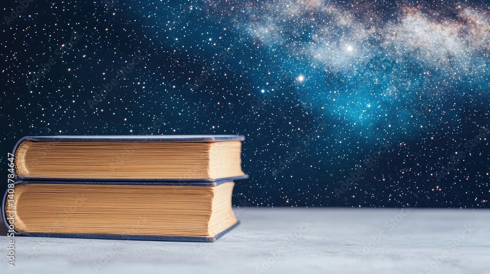Poster Open book under starry sky symbolizing learning and cognition concept. An inspiring view of books against a starry cosmic background.