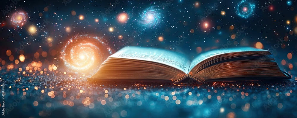 Poster open book under starry sky with galaxy and cognition concept. an open book in a cosmic setting, symb