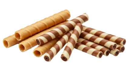 Waffle rolls, striped chocolate and vanilla wafer sticks isolated on transparent background