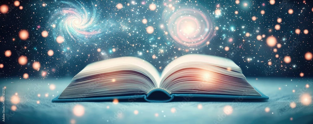 Poster Open book under starry sky with galaxy and cognition concept. An open book with a cosmic background, symbolizing knowledge.