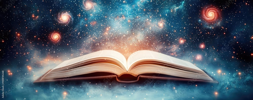 Poster Open book under starry sky with galaxy and cognition concept. An open book floats amidst a celestial background of stars.