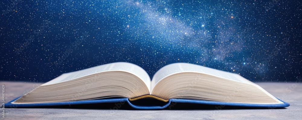 Poster Open book under starry sky expanding cognition of space concept. An open book under a starry sky, symbolizing knowledge and dreams.