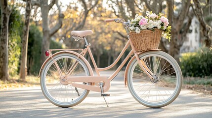 Fototapeta premium Elegant pink bicycle with a basket of flowers on a tree-lined avenue