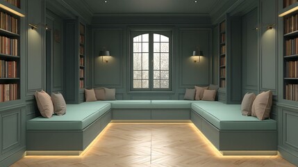 Elegant room with seating around a window, surrounded by bookshelves