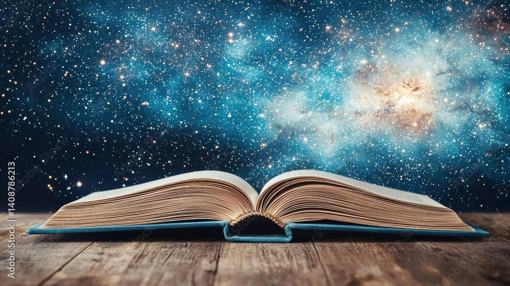 Poster open book under starry sky with galaxy and cognition concept. an open book against a cosmic starry b