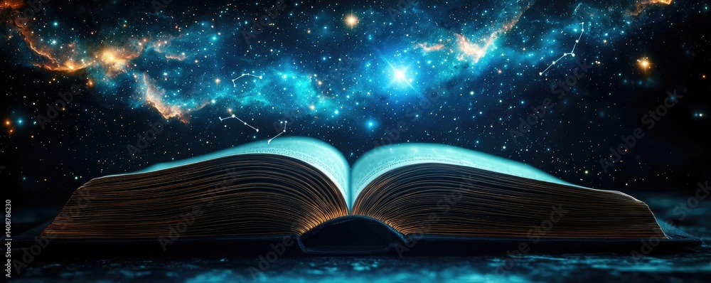 Poster open book under starry sky expanding cognition of space concept. an open book reveals cosmic wonders