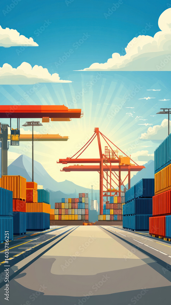Poster a large red crane is in the middle of a busy port. the scene is bustling with activity as many ships