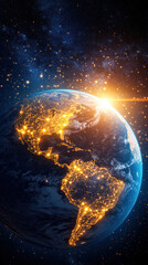 Obraz premium A close up of the Earth with the sun shining on it. The sun is in the center of the image and the Earth is surrounded by a bright orange glow. The stars in the background add to the sense of a vast