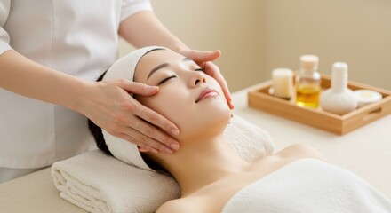 Woman receiving facial massage at spa