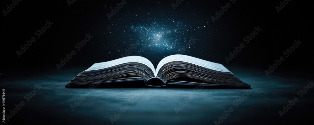 Poster Open book under starry sky with galaxy and cognition concept. An open book with a mystical glow in dark surroundings.