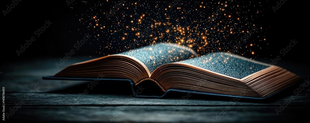 Poster open book under starry sky with galaxy and cognition concept. an open book with magical sparks illum