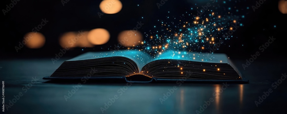 Poster open book under starry sky with galaxy and cognition concept. an enchanting book with magical sparks