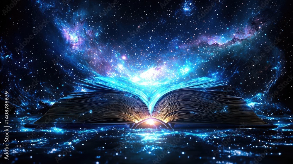 Poster open book under starry sky expanding cognition of space concept. a cosmic book unveils a universe of