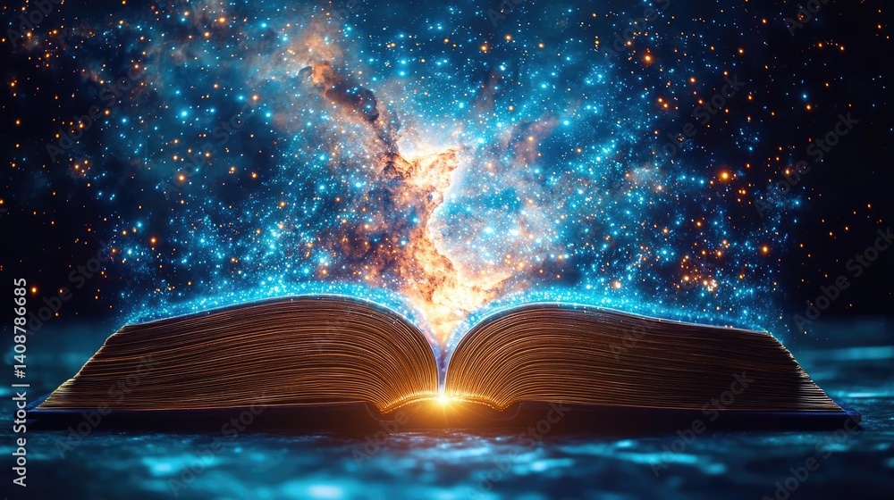 Poster Open book under starry sky expanding cognition of space concept. An open book with a galaxy of stars and colors emerging.