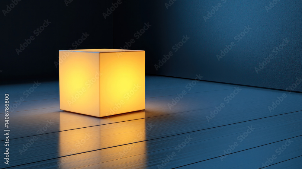 Poster a cube is lit up in a room with a blue background. the light shining on the cube creates a warm and 