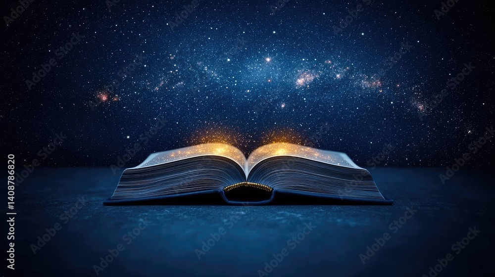 Poster Open book under starry sky with galaxy and cognition concept. An open book under a starry sky symbolizing knowledge and mystery.