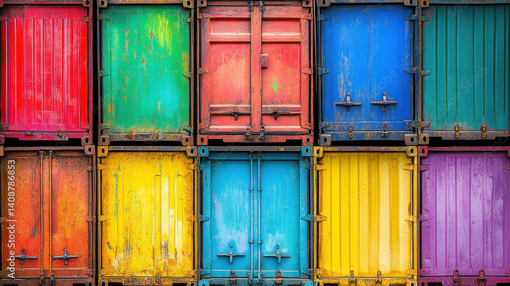 Poster a row of colorful shipping containers with yellow and blue doors. the containers are stacked on top 