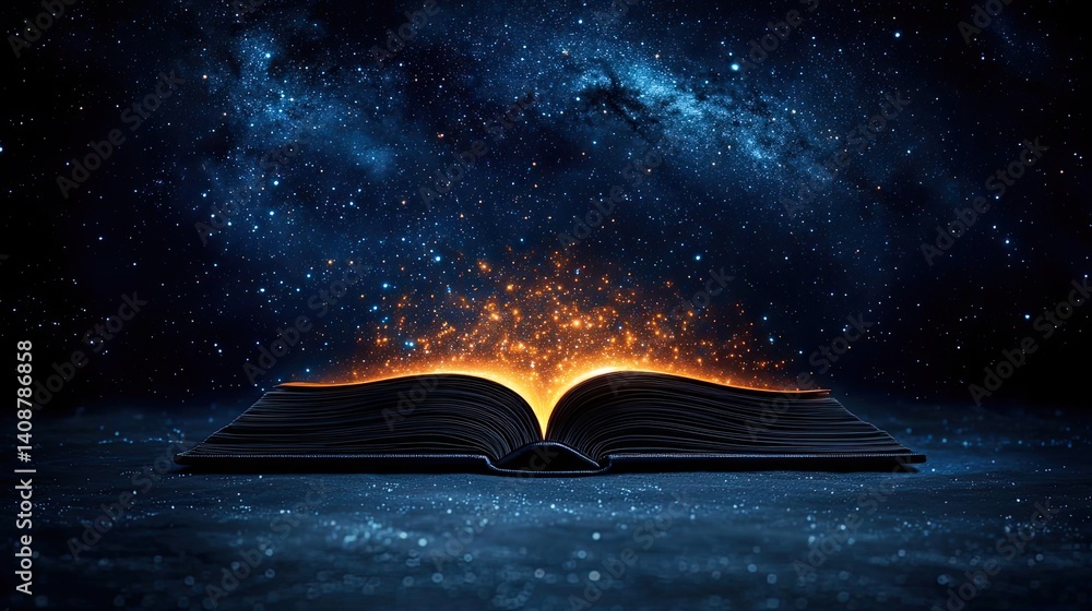 Poster open book under starry sky with galaxy and cognition concept. an open book emits a magical glow in a