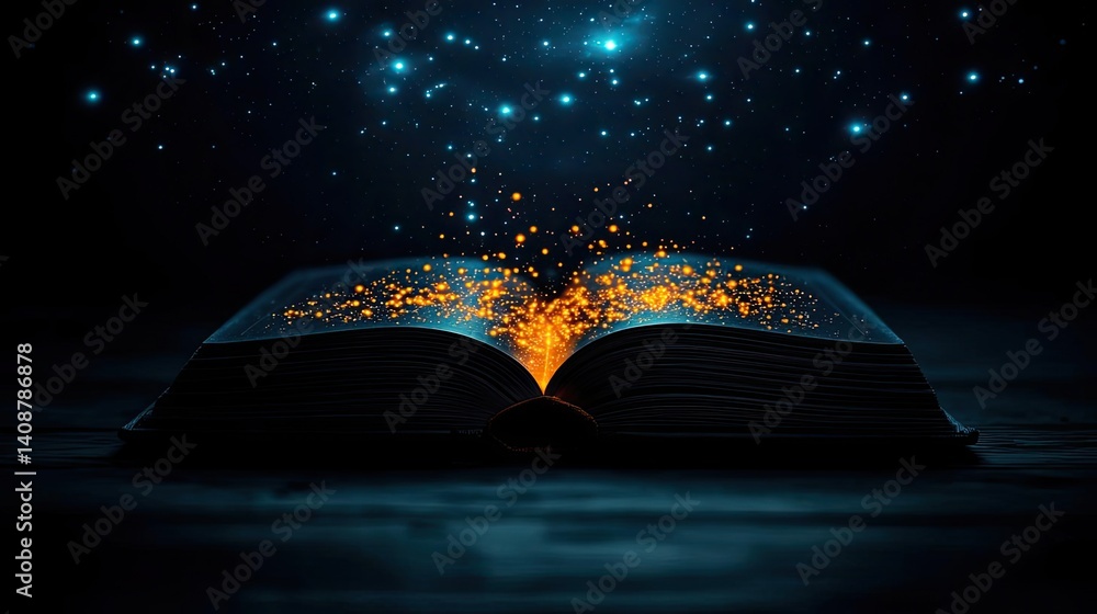 Poster open book under starry sky with galaxy and cognition concept. an enchanting book releasing sparks of