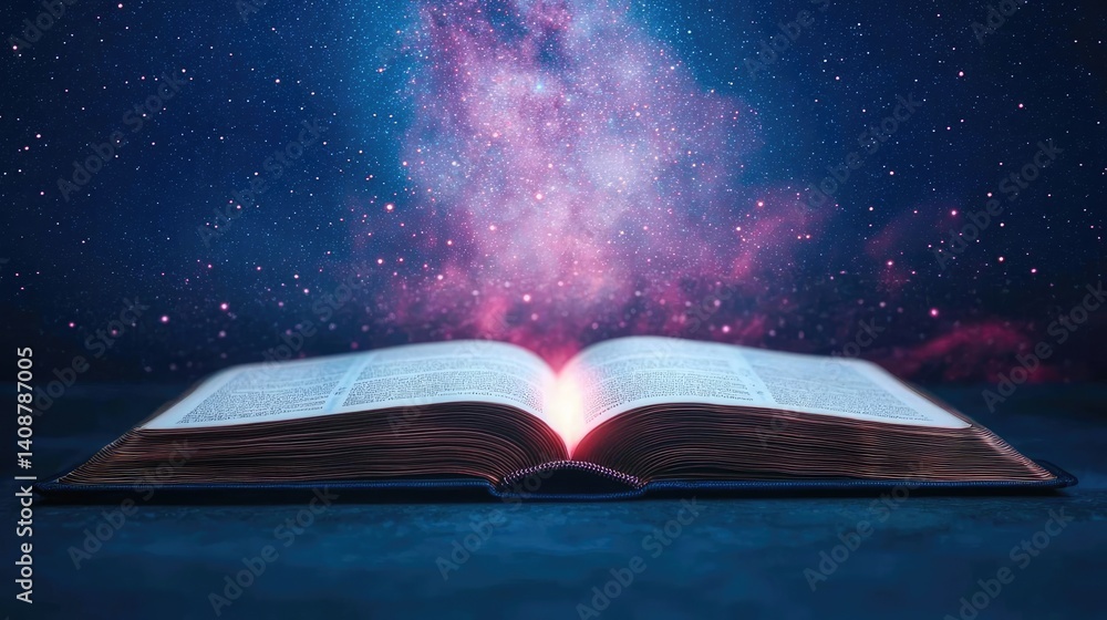 Poster open book under starry sky symbolizing learning and cognition concept. an open book shines with cosm