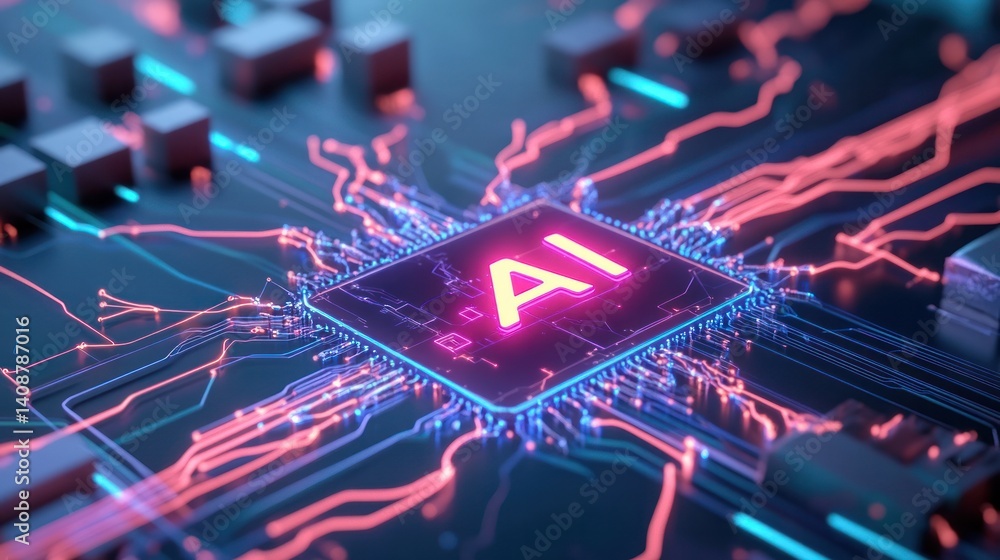 Poster ai processor: a close-up shot reveals the intricate network of a microchip, with 