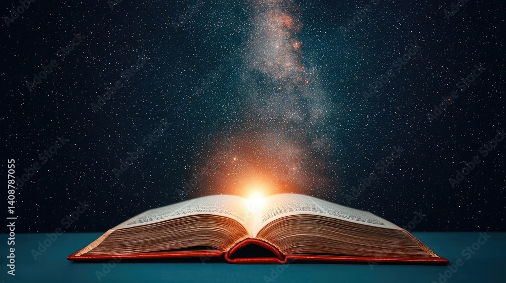 Poster Open book under starry sky symbolizing learning and cognition concept. An open book with a glowing galaxy emerging from its pages.