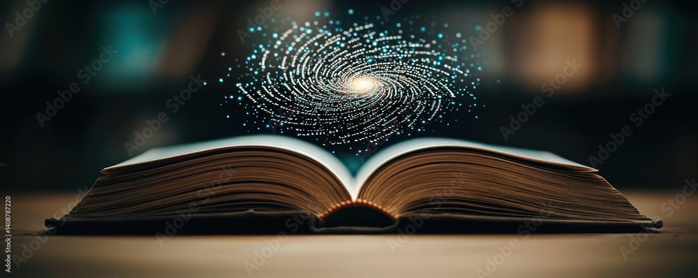 Poster Open book under starry sky symbolizing learning and cognition concept. An open book reveals a swirling galaxy of knowledge and imagination.