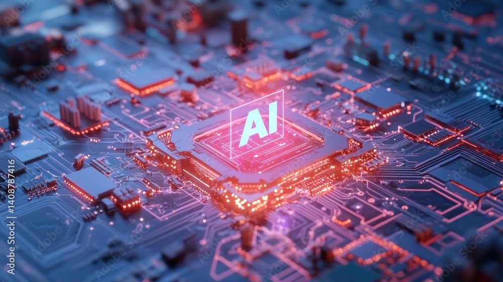 Poster ai chipset: ai technology concept showing a glowing ai symbol embedded within a complex computer chi