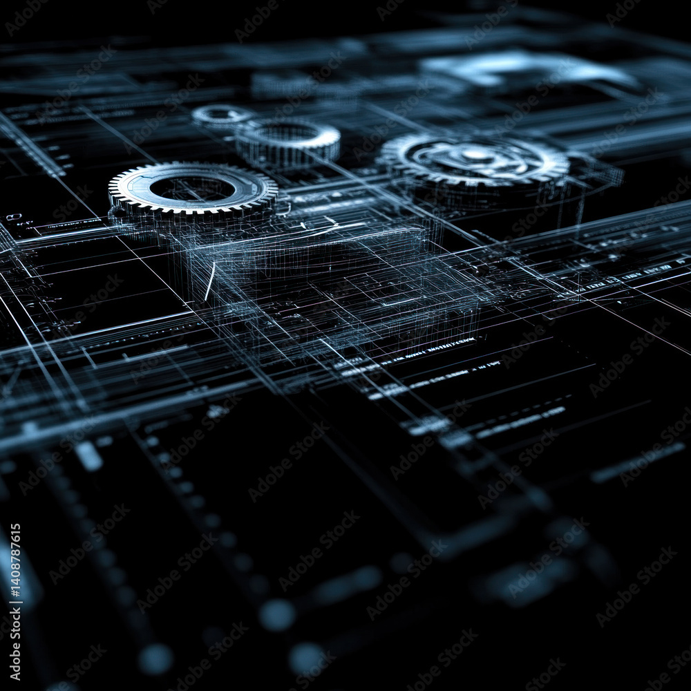 Poster a close up of a computer generated image of gears and other mechanical parts. the image is in black 