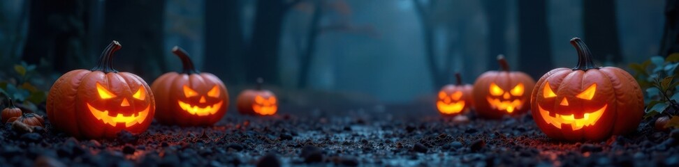 Spooky pumpkins adorn a dark background with eerie glow , leaves, pumpkins