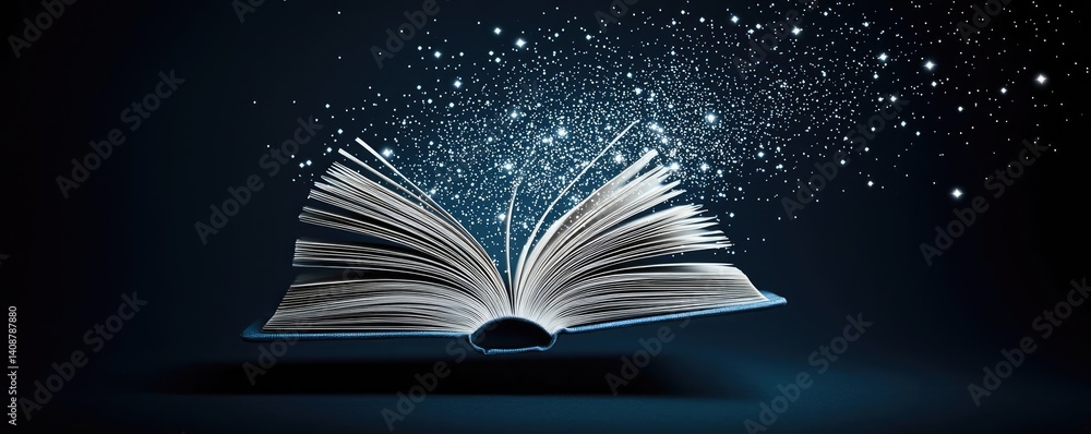Poster Open book under starry sky symbolizing learning and cognition concept. An open book releasing magical sparkles into the dark space.