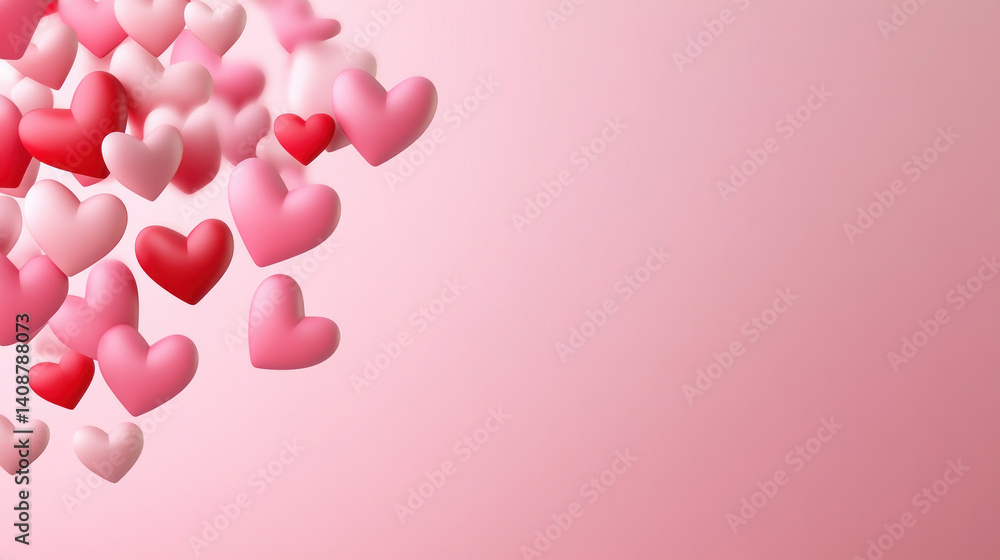 Poster a pink background with many red hearts scattered around it. the hearts are of different sizes and ar