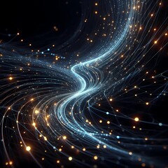 Abstract artificial intelligence network 3D sci-fi curve glowing trails connected neutral line and nodes 