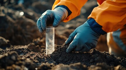 Geotechnical engineer analyzing soil samples at excavation site. Featuring scientific accuracy and assessment