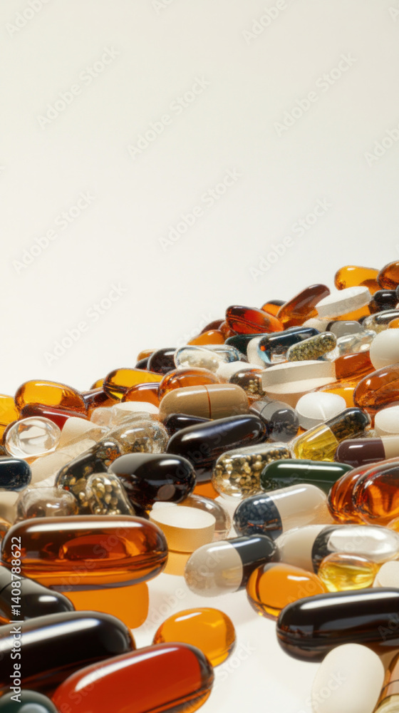 Poster a bunch of pills of different colors and shapes are piled on top of each other. concept of chaos and
