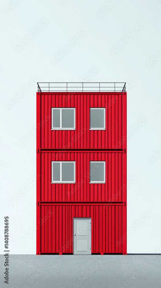 Poster a red building with a white roof. the building is tall and has three stories. the windows are large 