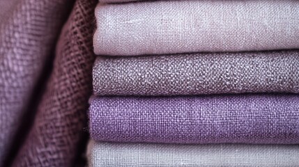 Stacked linen fabrics in various shades of mauve and gray.