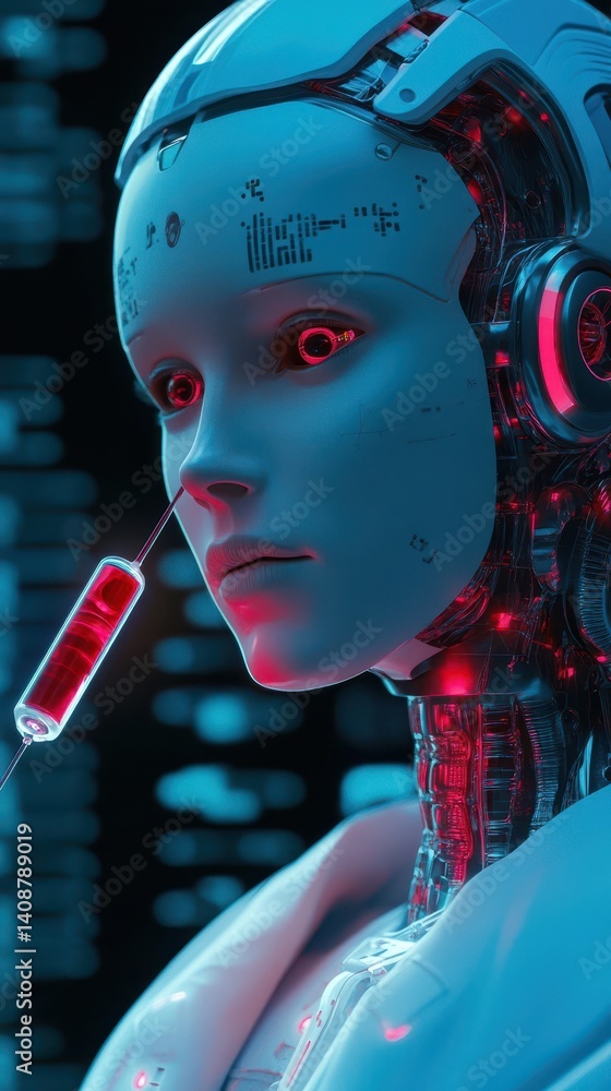 Poster an android robot with red glowing eyes receiving a syringe injection