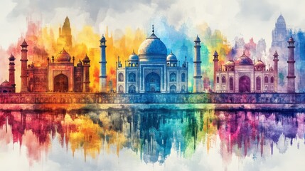 Colorful watercolor painting depicts the iconic Taj Mahal complex