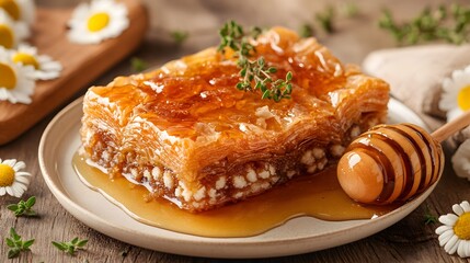 Fototapeta premium Honey Baklava Dessert Pastry Sweet Treat Golden Drizzle