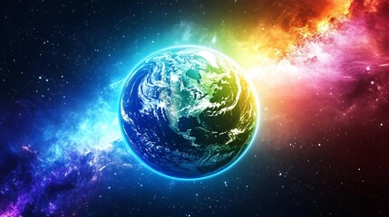Obraz premium Neon colorful global world floating in cyber space with future energy and technology concepts