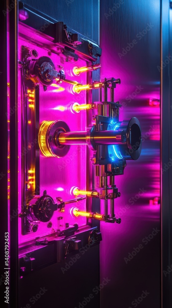 Poster a complex device with internal glowing illumination and multiple components