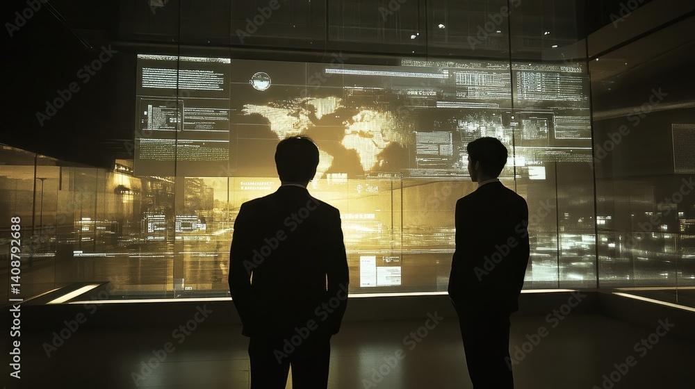Poster two men in suits observing data on a large display screen
