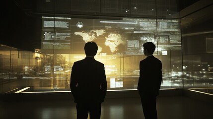 Two men in suits observing data on a large display screen