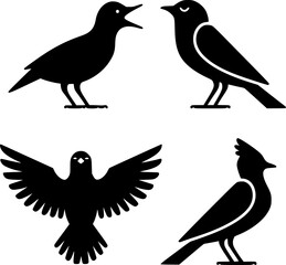 Four stylized black silhouette birds in various poses.