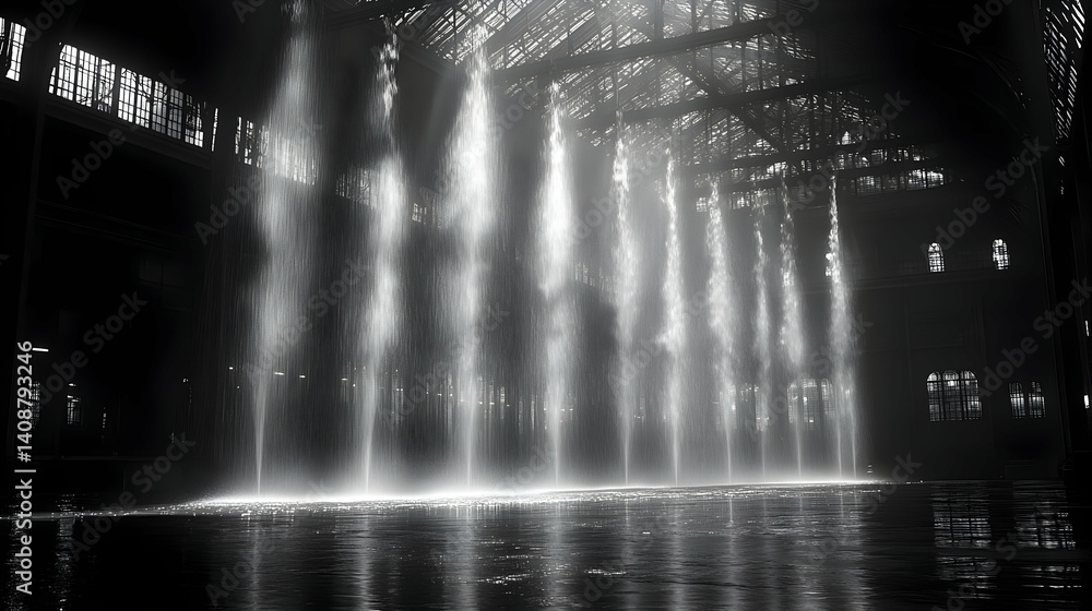Poster dramatic black and white image of water features cascading into a still pool inside a large industri