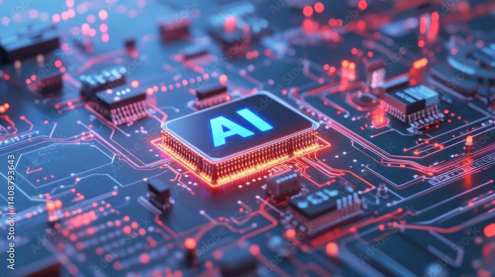 Poster ai chip: a close-up view of a futuristic ai chip glows with embedded circuits, illustrating the core
