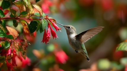 Fototapeta premium Hummingbird feeding from vibrant flowers.