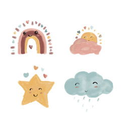 children's drawing, sun, star with hand drawing, rainbows with spots and clouds, rainbows, spots, clouds
